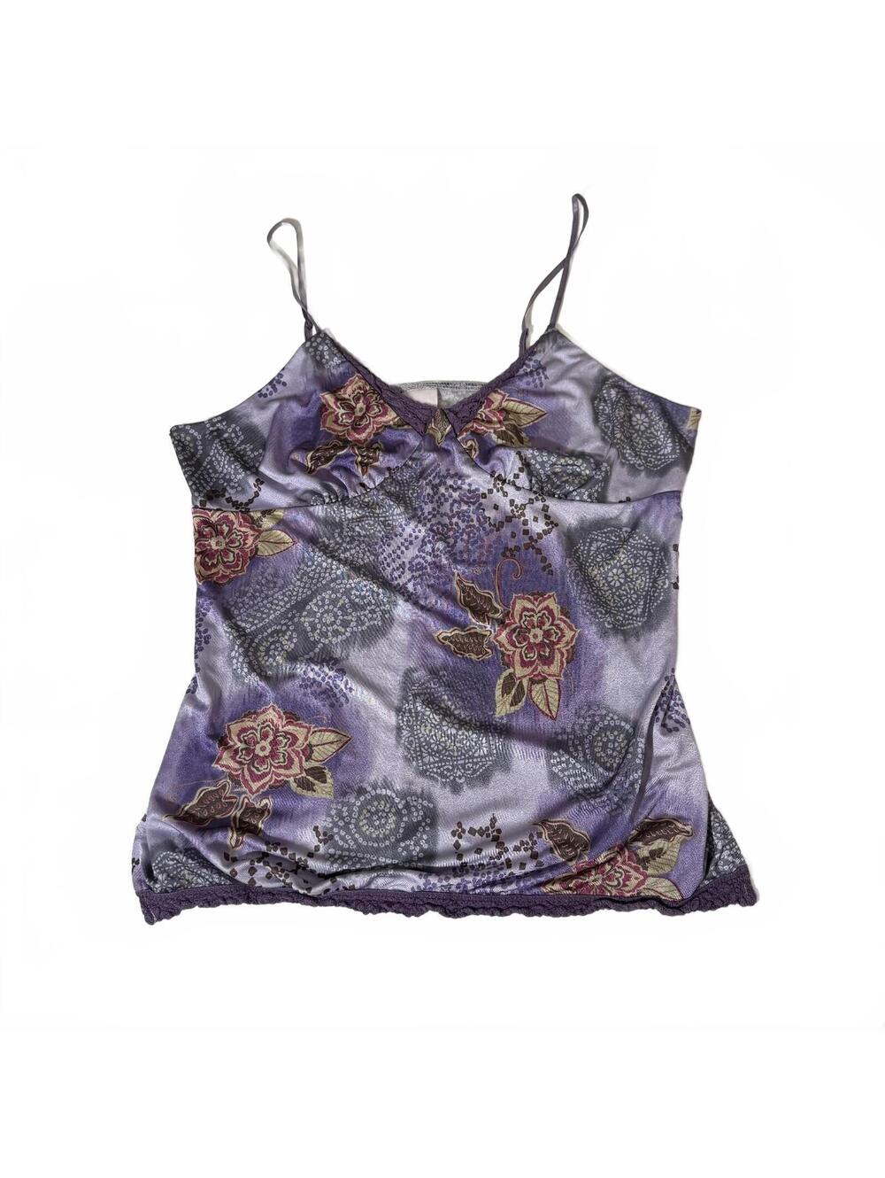 Y2K Early 2000s Xhilaration Floral Detail Lace Trim Whimsy Purple Camisole Top